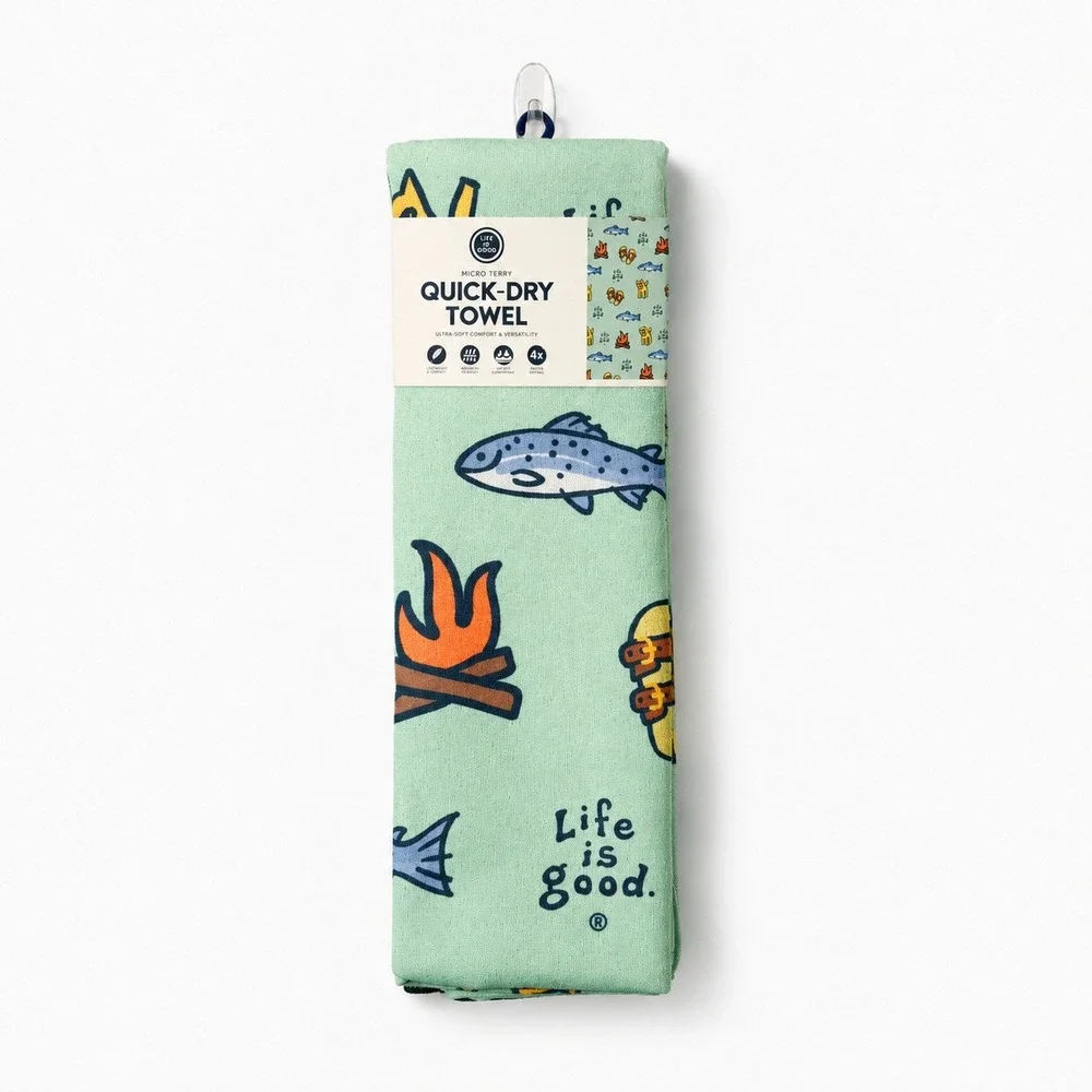 Life is Good Micro Terry Quick-Dry Towel Green Camping Print 72.5 x 30 in